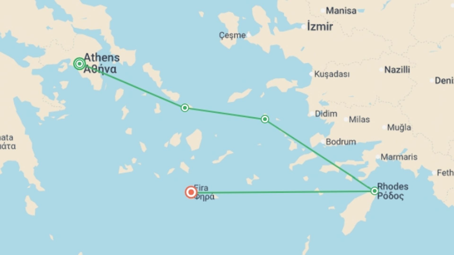 A map showing the tour itinerary for the trip: Athens and Isles Explorer Cruise Plus, starting in Athens, Greece and ending in Santorini, Greece going through 5 other destinations.