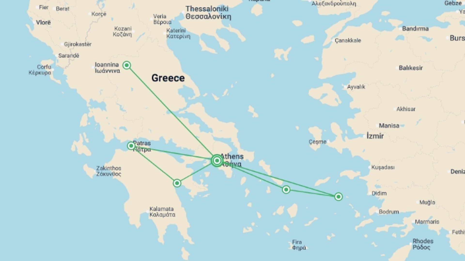 A map showing the tour itinerary for the trip: Athens, the Beautiful Aegean and Complete Greece Ext, starting in Athens, Greece and ending in Athens, Greece going through 4 other destinations.