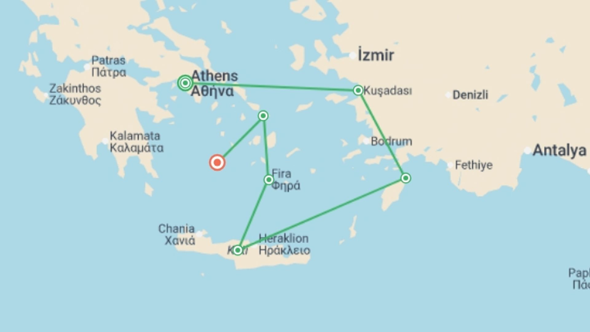 A map showing the tour itinerary for the trip: Athens with 07 Nights Greek Islands Cruise, starting in Athens, Greece and ending in Athens, Greece going through 6 other destinations.