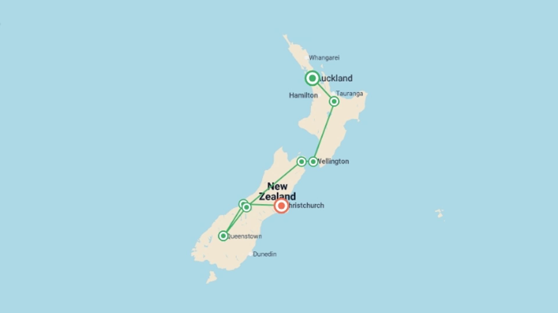 A map showing the tour itinerary for the trip: Auckland to Christchurch Self Drive, starting in Auckland, New Zealand and ending in Christchurch, New Zealand going through 7 other destinations.