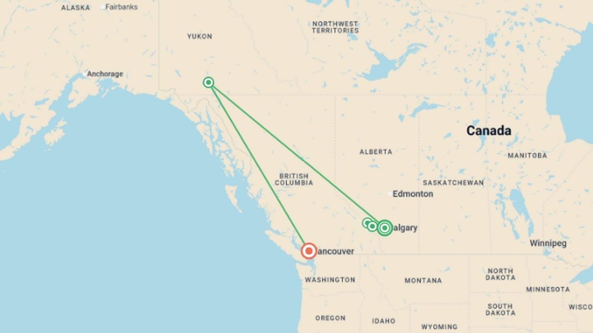 A map showing the tour itinerary for the trip: Aurora Adventure Winter in the Canadian Rockies & the Yukon, starting in Calgary, Canada and ending in Vancouver, Canada going through 3 other destinations.