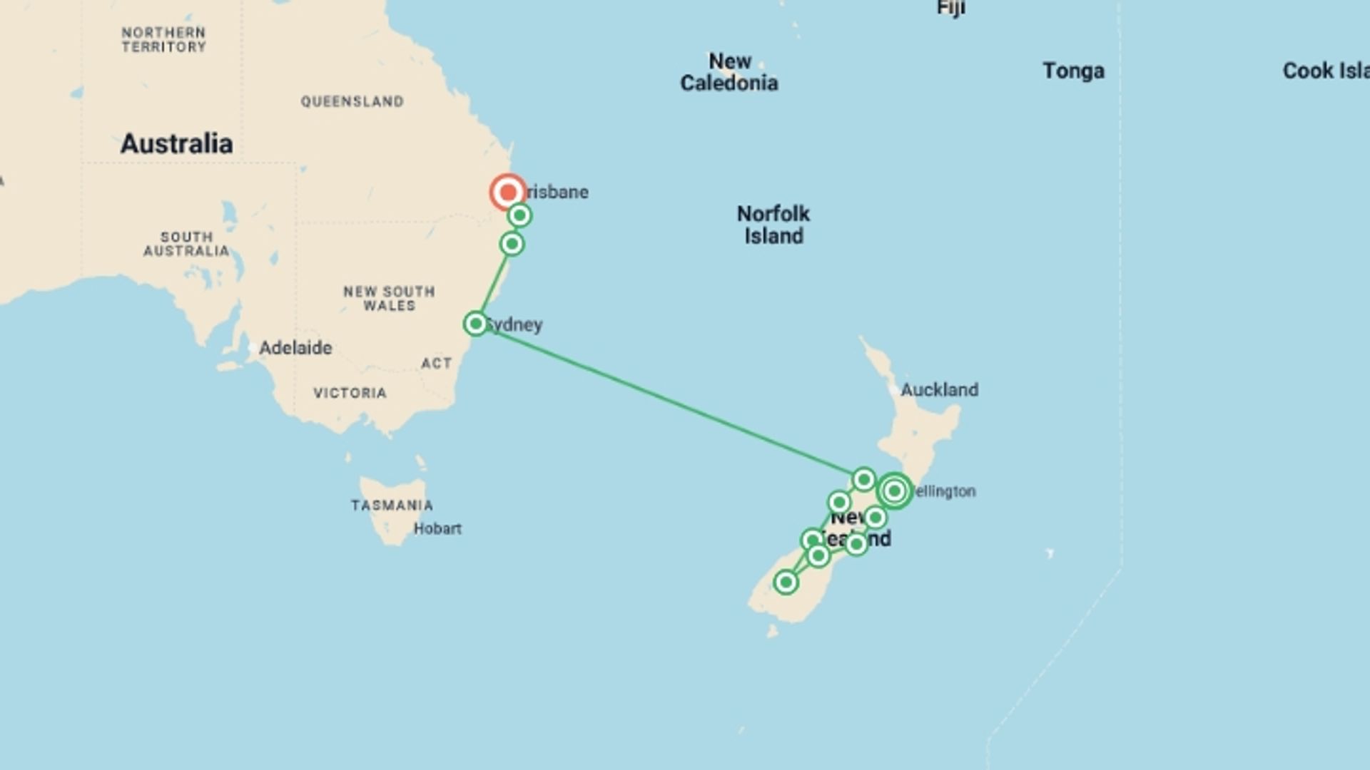 A map showing the tour itinerary for the trip: Australia And New Zealand: Bushwalks & Beaches, starting in Wellington, New Zealand and ending in Brisbane, Australia going through 8 other destinations.