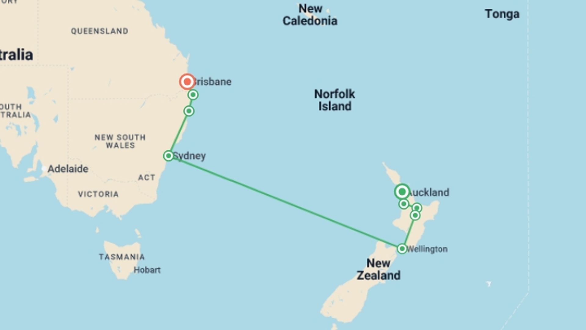 A map showing the tour itinerary for the trip: Australia and New Zealand: Surf Camps & Kiwi Highlights, starting in Auckland, New Zealand and ending in Brisbane, Australia going through 6 other destinations.