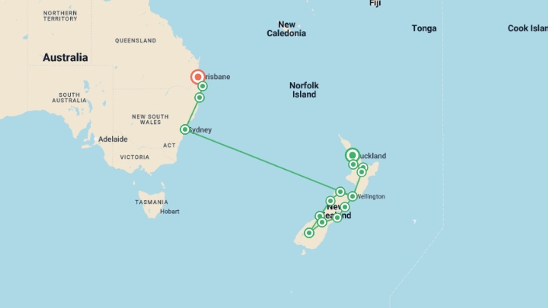 A map showing the tour itinerary for the trip: Australia and New Zealand: Surf, Sun & Epic Parks, starting in Auckland, New Zealand and ending in Brisbane, Australia going through 11 other destinations.