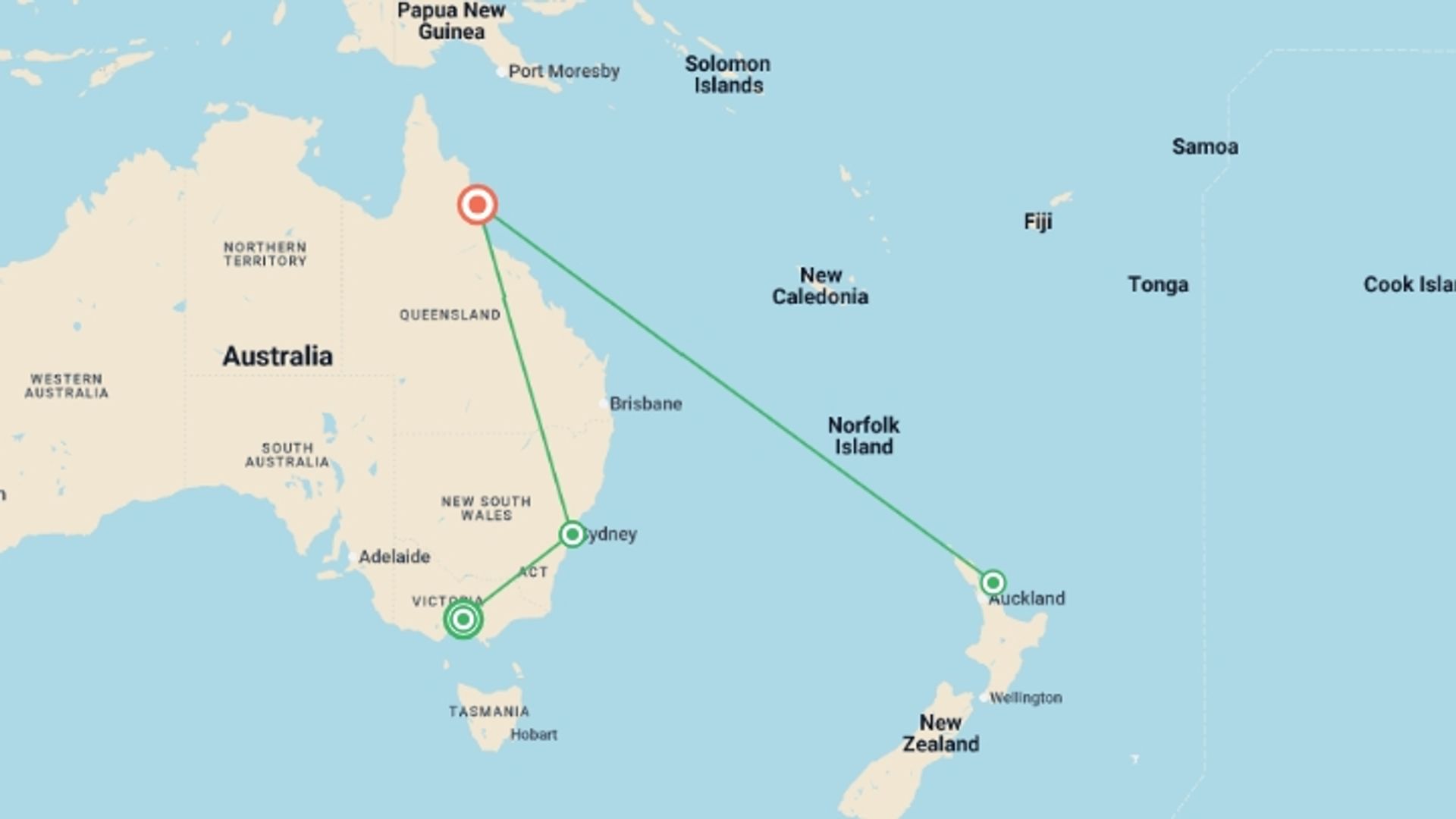 A map showing the tour itinerary for the trip: Australia Highlights - 10 days, starting in Melbourne, Australia and ending in Cairns, Australia going through 2 other destinations.