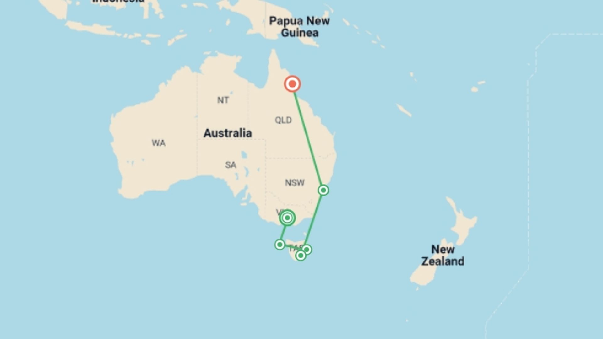 A map showing the tour itinerary for the trip: Australia: Melbourne, Tasmania & Great Barrier Reef, starting in Melbourne, Australia and ending in Cairns, Australia going through 4 other destinations.