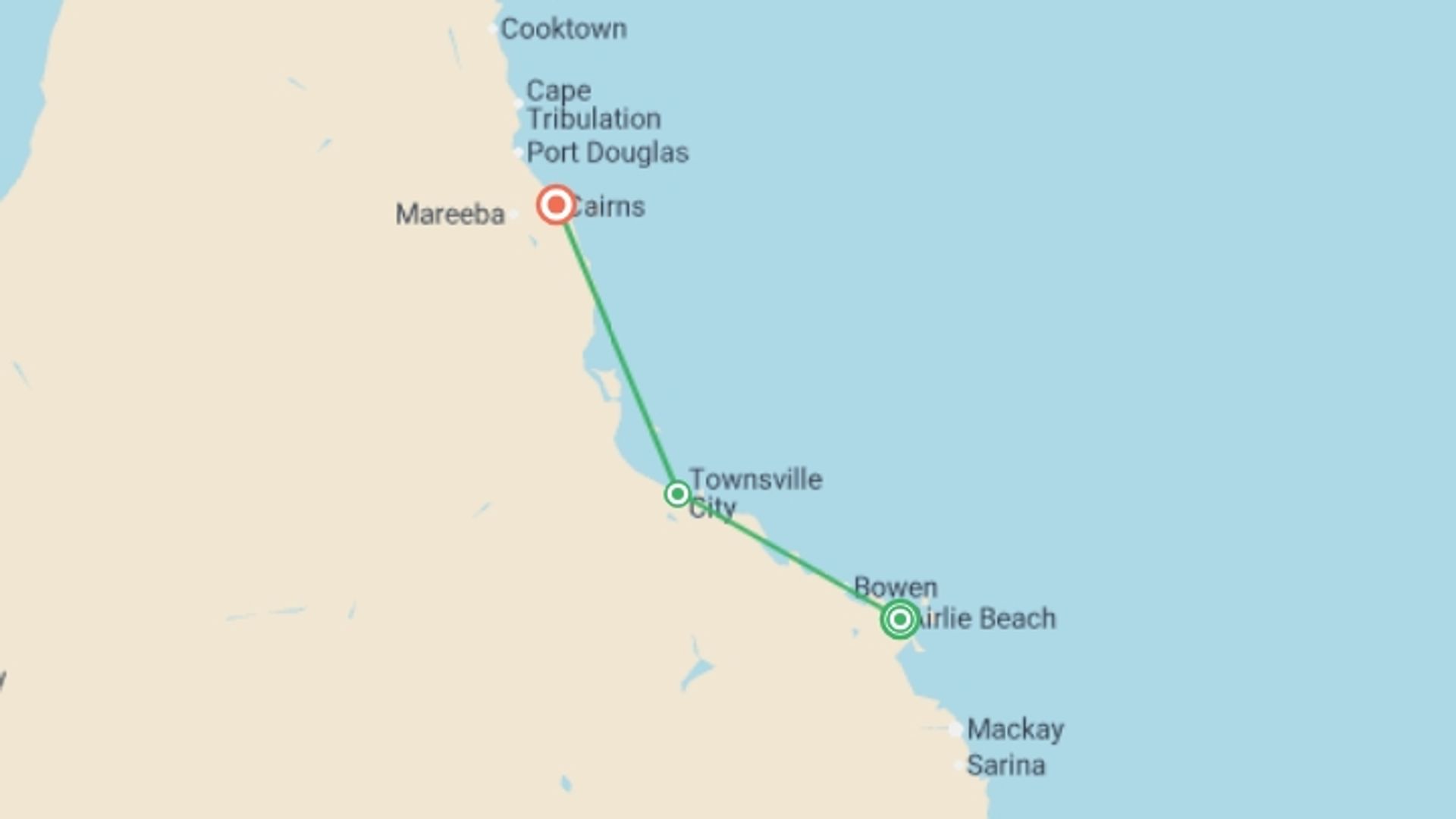 A map showing the tour itinerary for the trip: Australia: North Queensland Adventure, starting in Airlie Beach, Australia and ending in Cairns, Australia going through 3 other destinations.