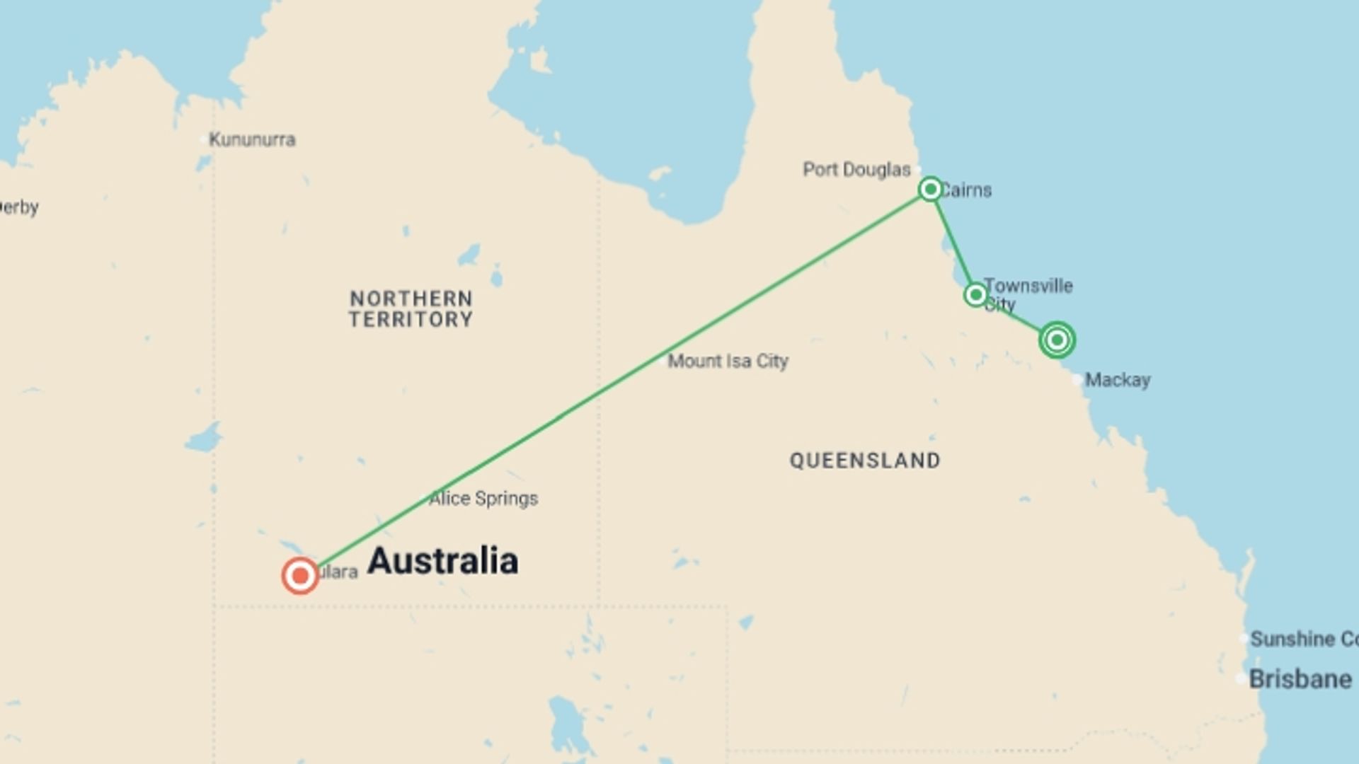 A map showing the tour itinerary for the trip: Australia: North Queensland to Uluru, starting in Airlie Beach, Australia and ending in Uluru Kata-Tjuta National Park, Australia going through 4 other destinations.