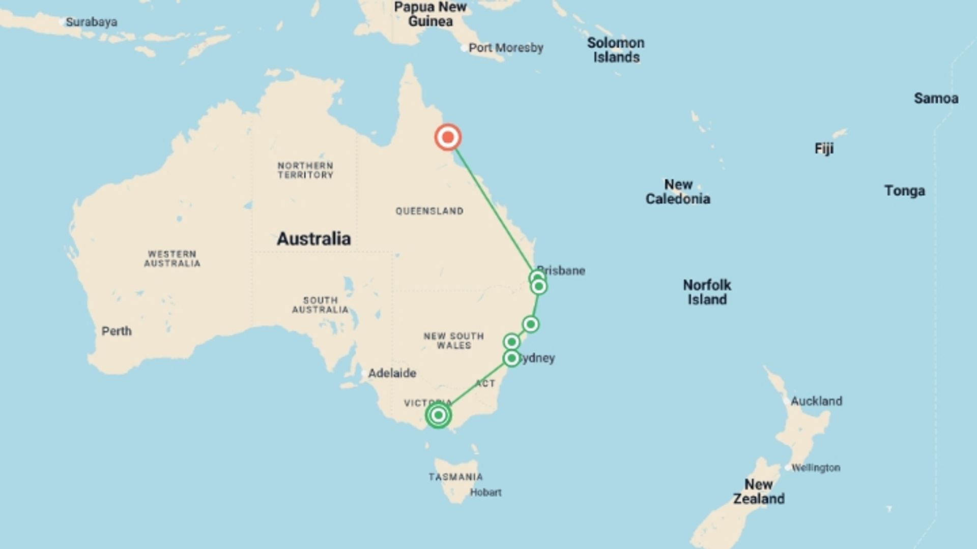 A map showing the tour itinerary for the trip: Australia Self-Drive Adventure - 15 days, starting in Melbourne, Australia and ending in Cairns, Australia going through 4 other destinations.