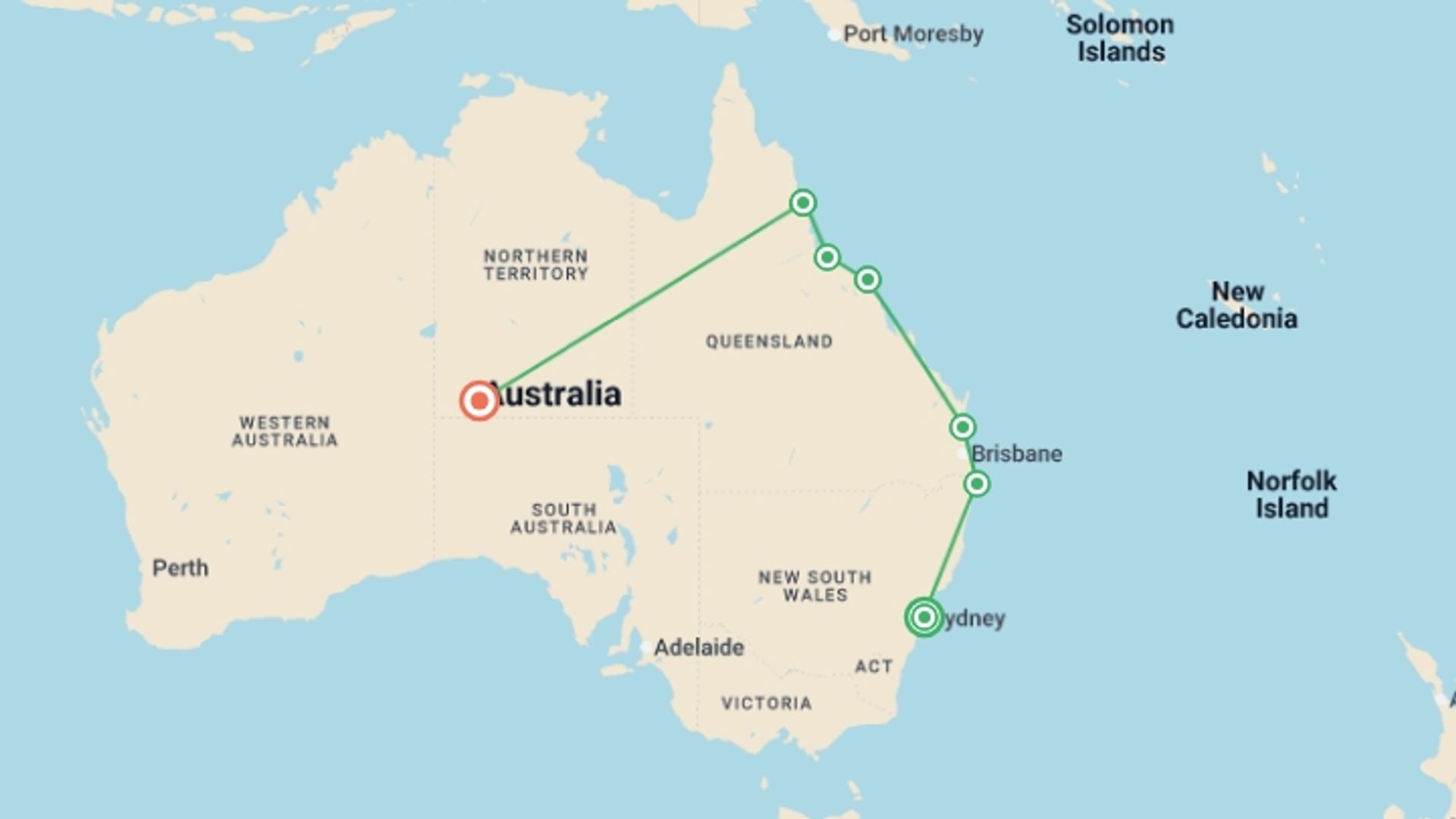 A map showing the tour itinerary for the trip: Australia: Sydney to Uluru, starting in Australia and ending in Australia going through 6 other destinations.
