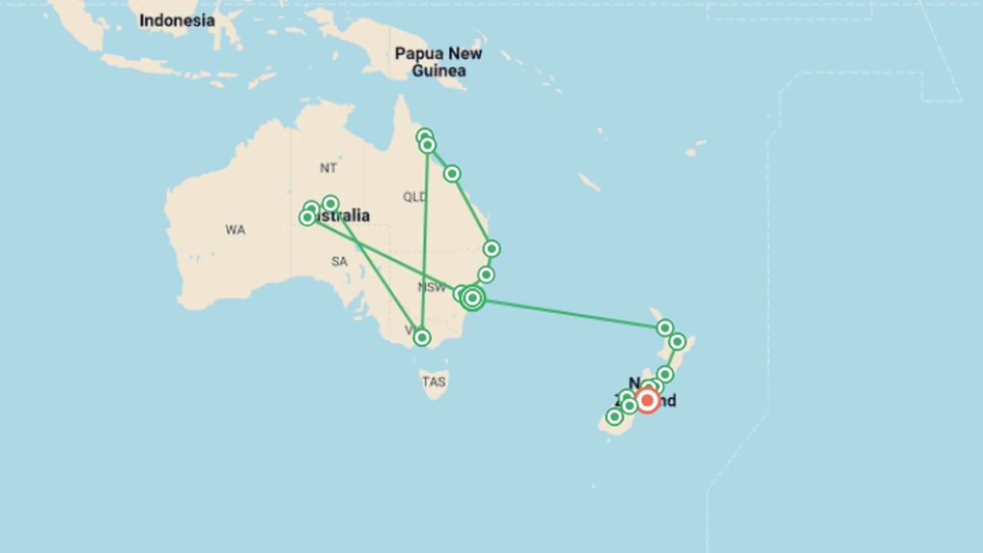 A map showing the tour itinerary for the trip: Australia to New Zealand: A Journey Across the South Pacific, starting in Sydney and NSW, Australia and ending in Christchurch, New Zealand going through 15 other destinations.