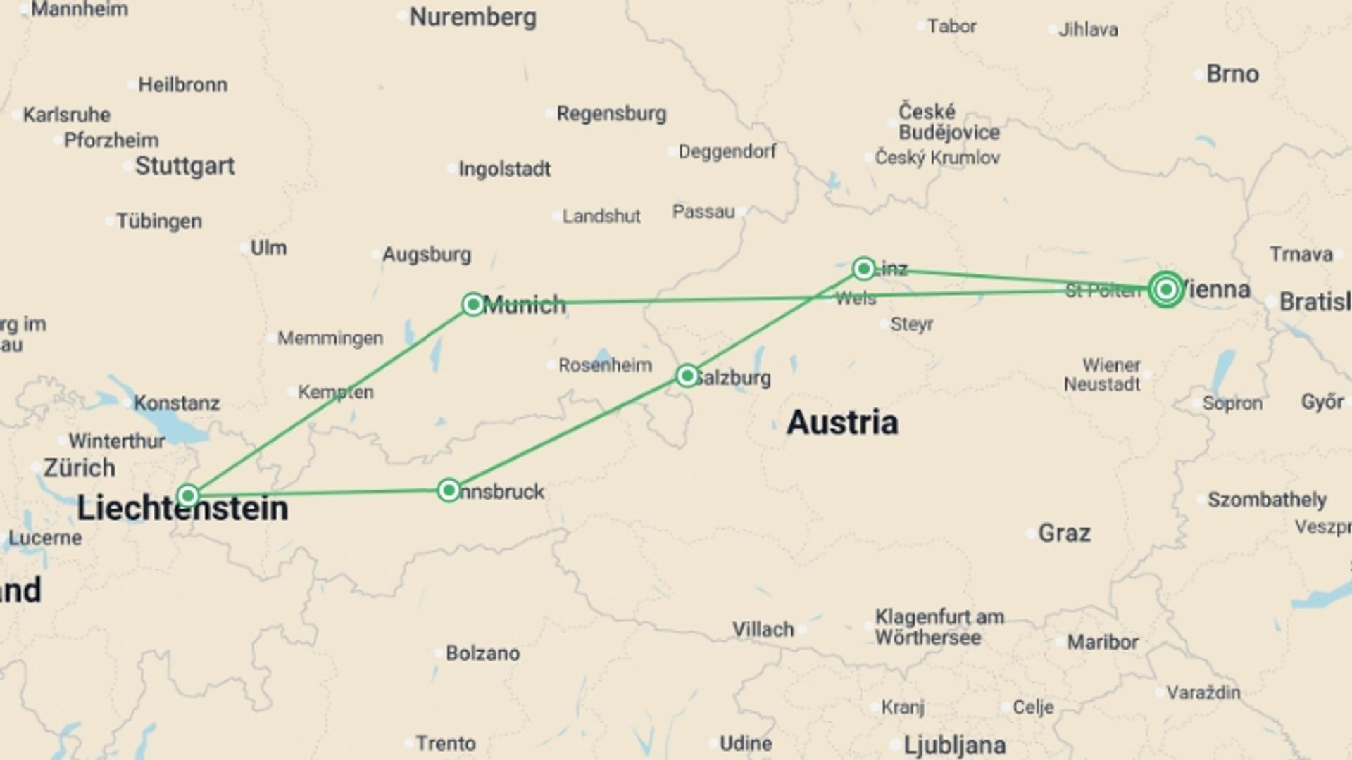 A map showing the tour itinerary for the trip: Austria and its Charms, starting in Vienna, Austria and ending in Vienna, Austria going through 5 other destinations.