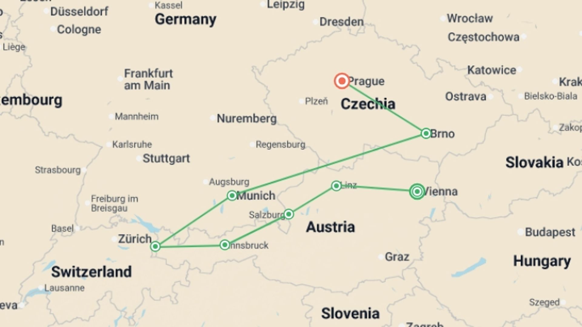 A map showing the tour itinerary for the trip: Austria, Bavaria and Magic Czechia, starting in Vienna, Austria and ending in Prague, Czech Republic going through 6 other destinations.