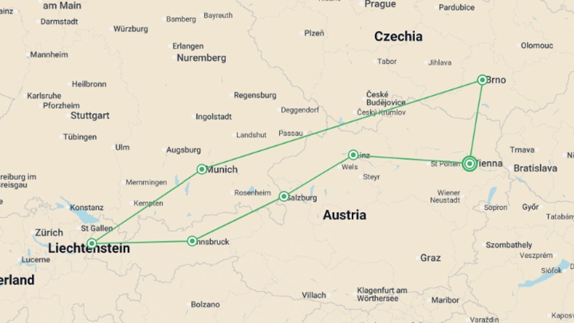 A map showing the tour itinerary for the trip: Austria, Bavaria and Moravia, starting in Vienna, Austria and ending in Vienna, Austria going through 5 other destinations.