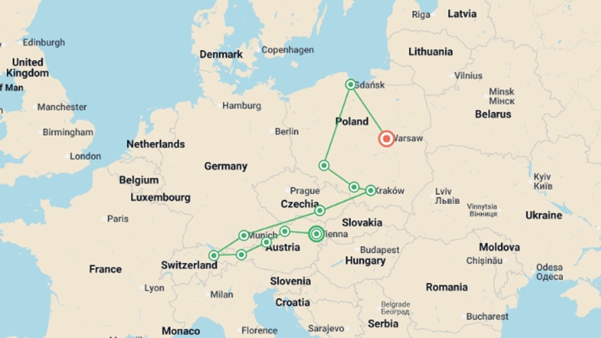A map showing the tour itinerary for the trip: Austria, Moravia and Full Wonders of Poland, starting in Vienna, Austria and ending in Warsaw, Poland going through 8 other destinations.