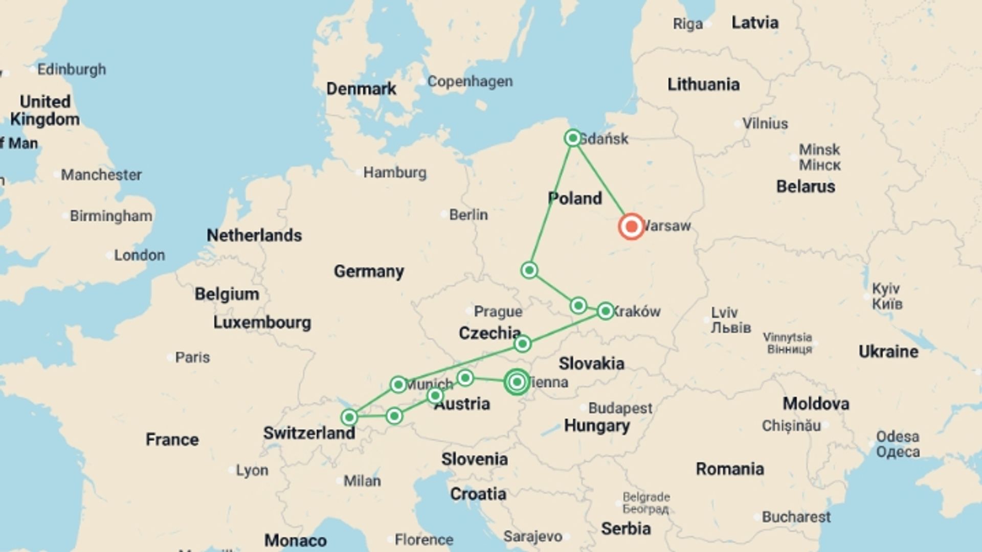 A map showing the tour itinerary for the trip: Austria, Moravia and Full Wonders of Poland, starting in Vienna, Austria and ending in Warsaw, Poland going through 8 other destinations.