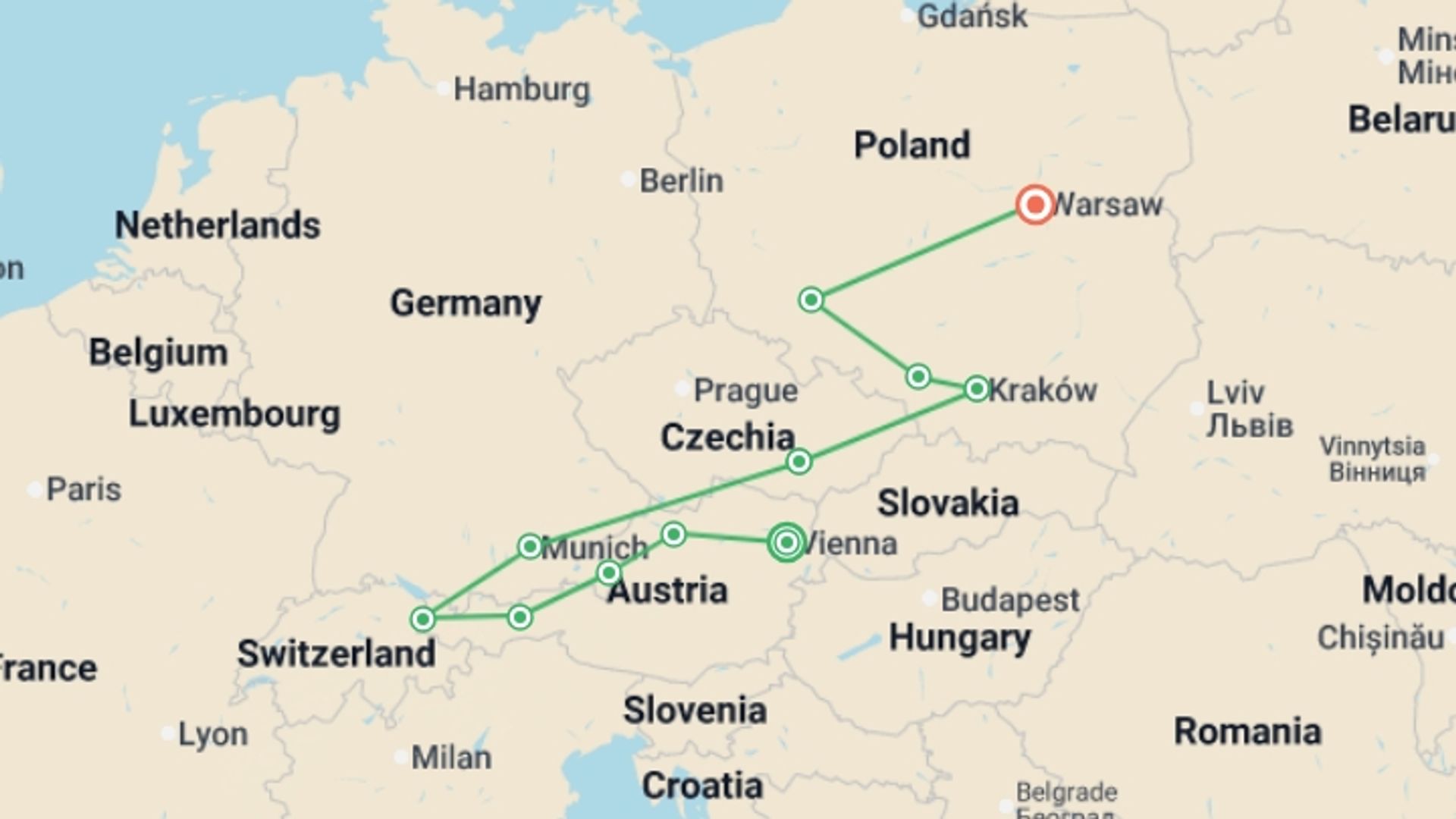 A map showing the tour itinerary for the trip: Austria, Moravia and the Heart of Poland, starting in Vienna, Austria and ending in Warsaw, Poland going through 7 other destinations.