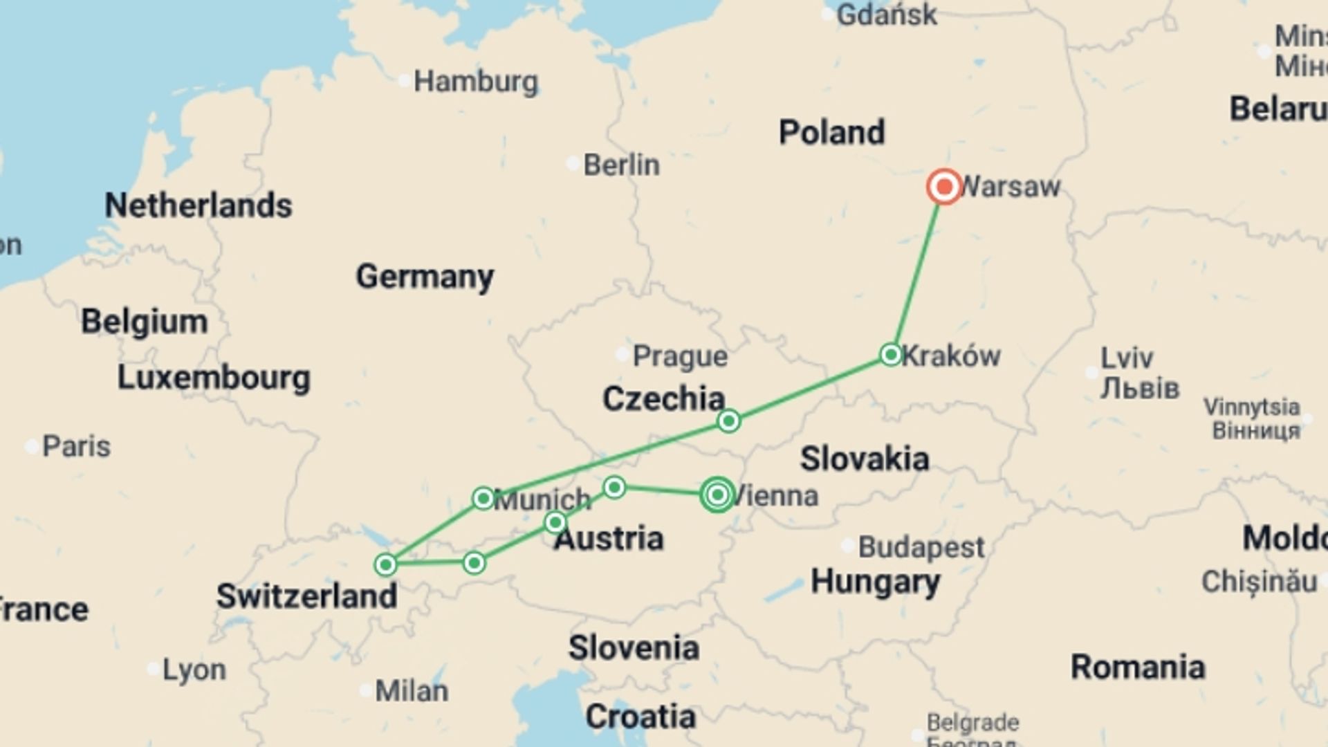 A map showing the tour itinerary for the trip: Austria, Moravia and Unique Poland, starting in Vienna, Austria and ending in Warsaw, Poland going through 7 other destinations.