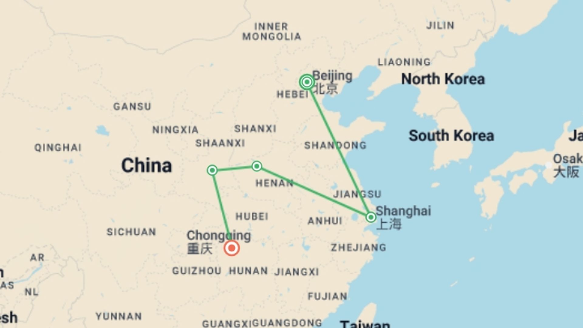 A map showing the tour itinerary for the trip: Authentic China and Avatar Dreams, starting in Beijing, China and ending in Zhangjiajie, China going through 4 other destinations.