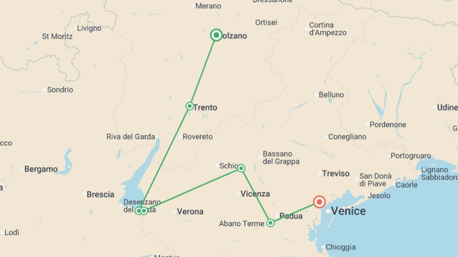 A map showing the tour itinerary for the trip: Backroads to Venice, starting in Dolomites, Italy and ending in Mestre, Italy going through 6 other destinations.