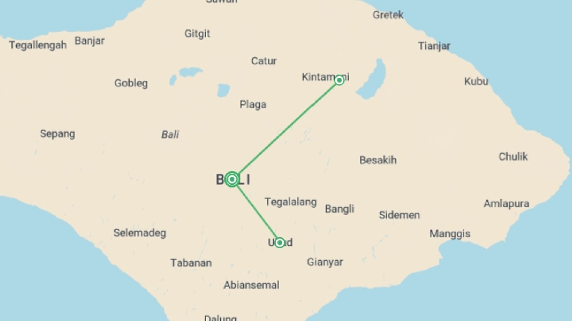 A map showing the tour itinerary for the trip: Bali to Ubud - 13 days, starting in Bali, Indonesia and ending in Bali, Indonesia going through 3 other destinations.