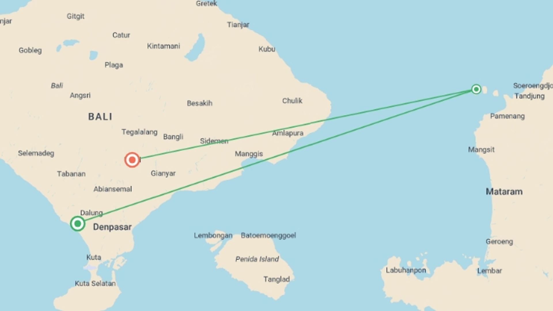 A map showing the tour itinerary for the trip: Bali Trip: 10 Days - Bali & The Gili Islands, starting in Canggu, Indonesia and ending in Ubud, Indonesia going through 5 other destinations.