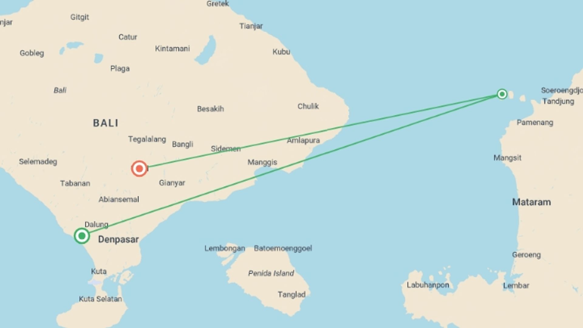 A map showing the tour itinerary for the trip: Bali Trip: 10 Days - Bali & The Gili Islands, starting in Canggu, Indonesia and ending in Ubud, Indonesia going through 5 other destinations.