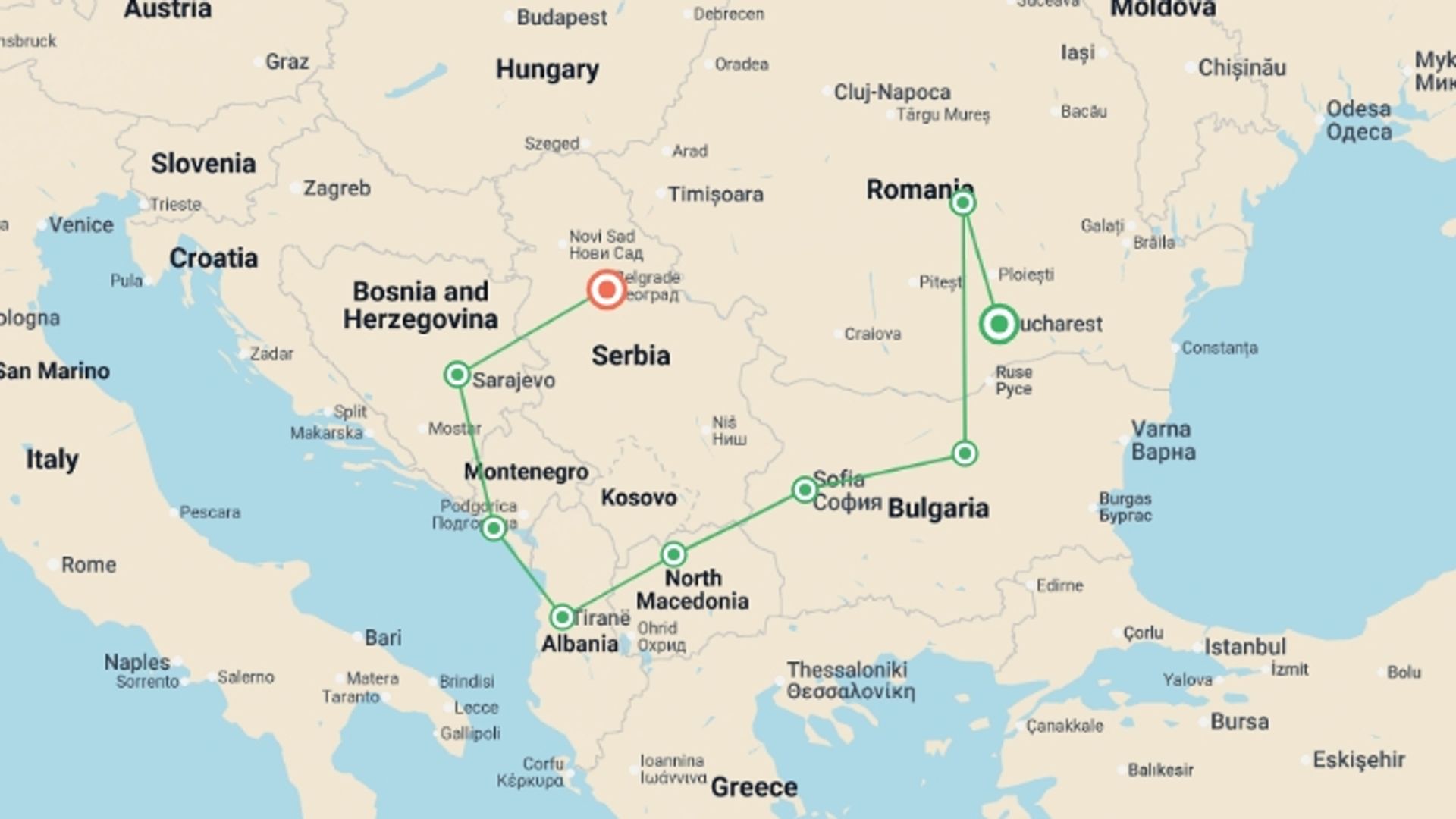 A map showing the tour itinerary for the trip: Balkan Adventure, starting in Bucharest, Romania and ending in Belgrade, Serbia going through 7 other destinations.