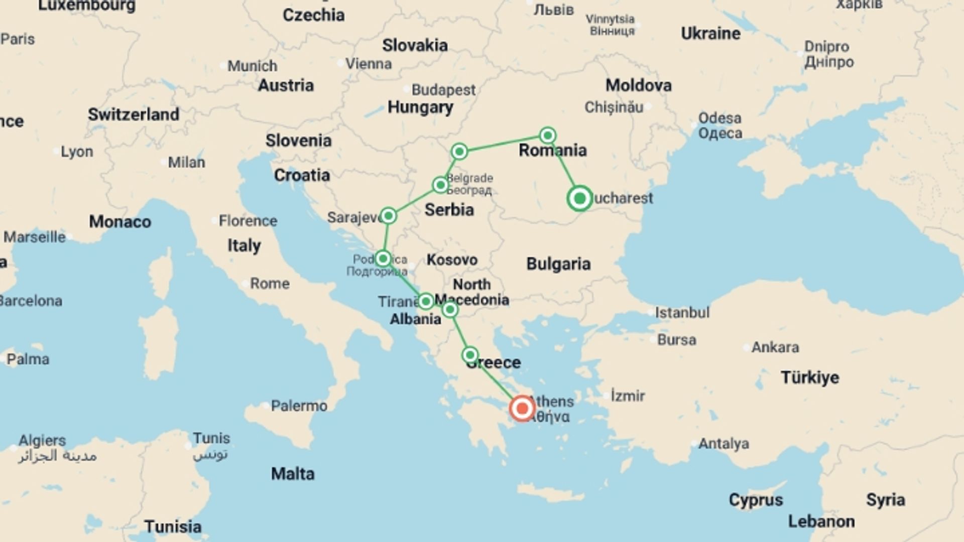 A map showing the tour itinerary for the trip: Balkan Capitals, starting in Bucharest, Romania and ending in Athens, Greece going through 8 other destinations.