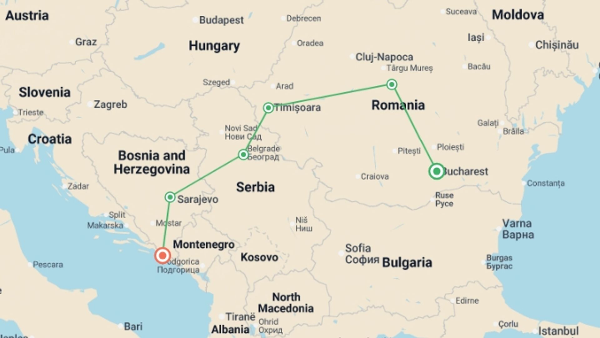 A map showing the tour itinerary for the trip: Balkan Peninsula, starting in Bucharest, Romania and ending in Dubrovnik, Croatia going through 5 other destinations.