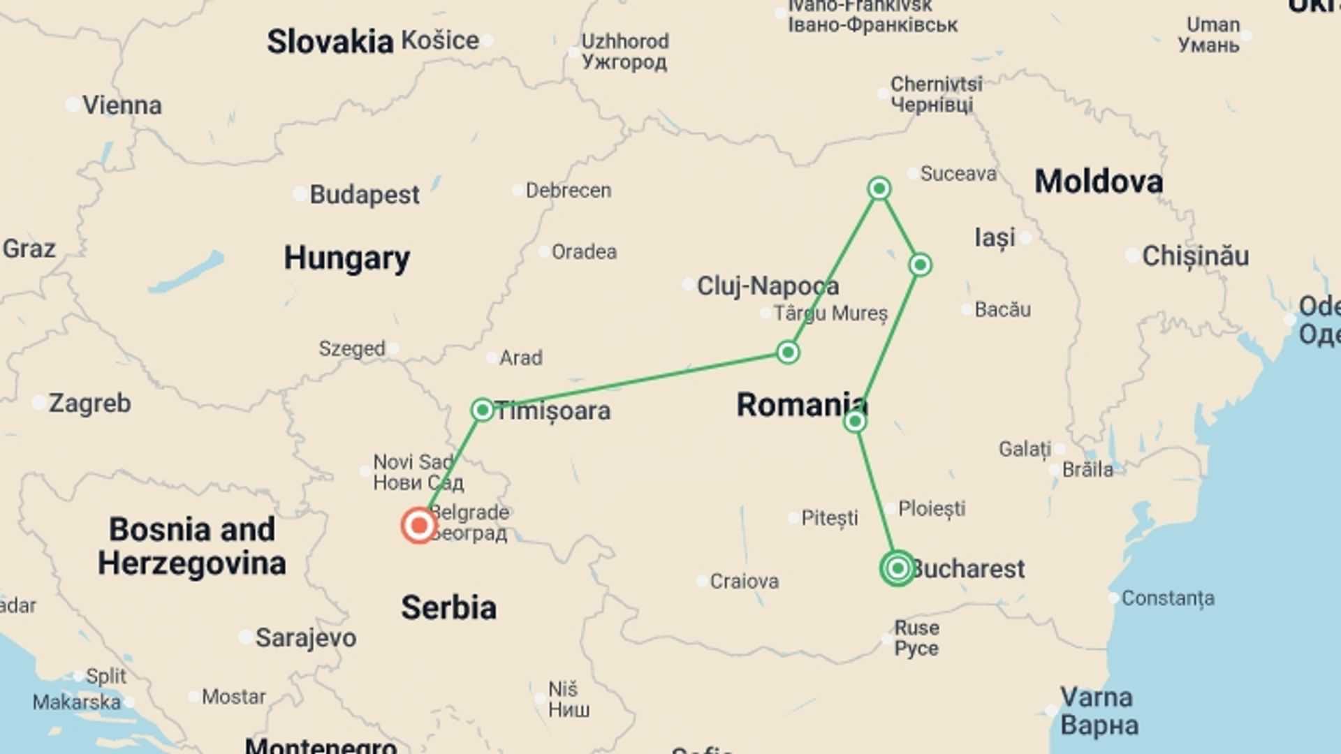 A map showing the tour itinerary for the trip: Balkan Tour, starting in Bucharest, Romania and ending in Belgrade, Serbia going through 4 other destinations.