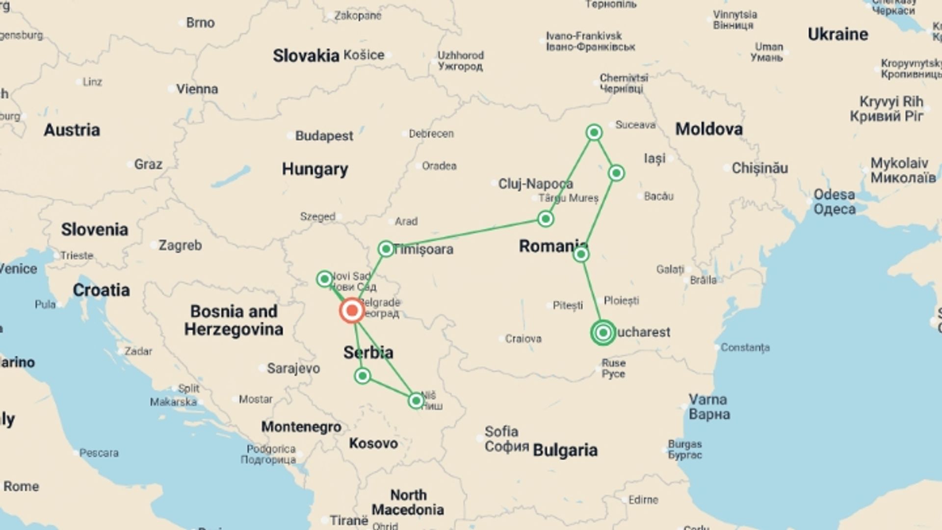A map showing the tour itinerary for the trip: Balkan Tour – Ending in Belgrade, starting in Bucharest, Romania and ending in Belgrade, Serbia going through 6 other destinations.