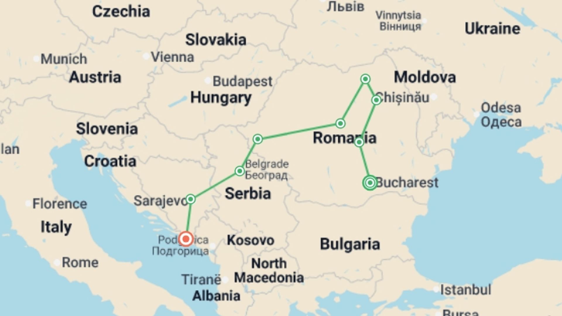 A map showing the tour itinerary for the trip: Balkan Tour – Ending in Dubrovnik, starting in Bucharest, Romania and ending in Dubrovnik, Croatia going through 6 other destinations.