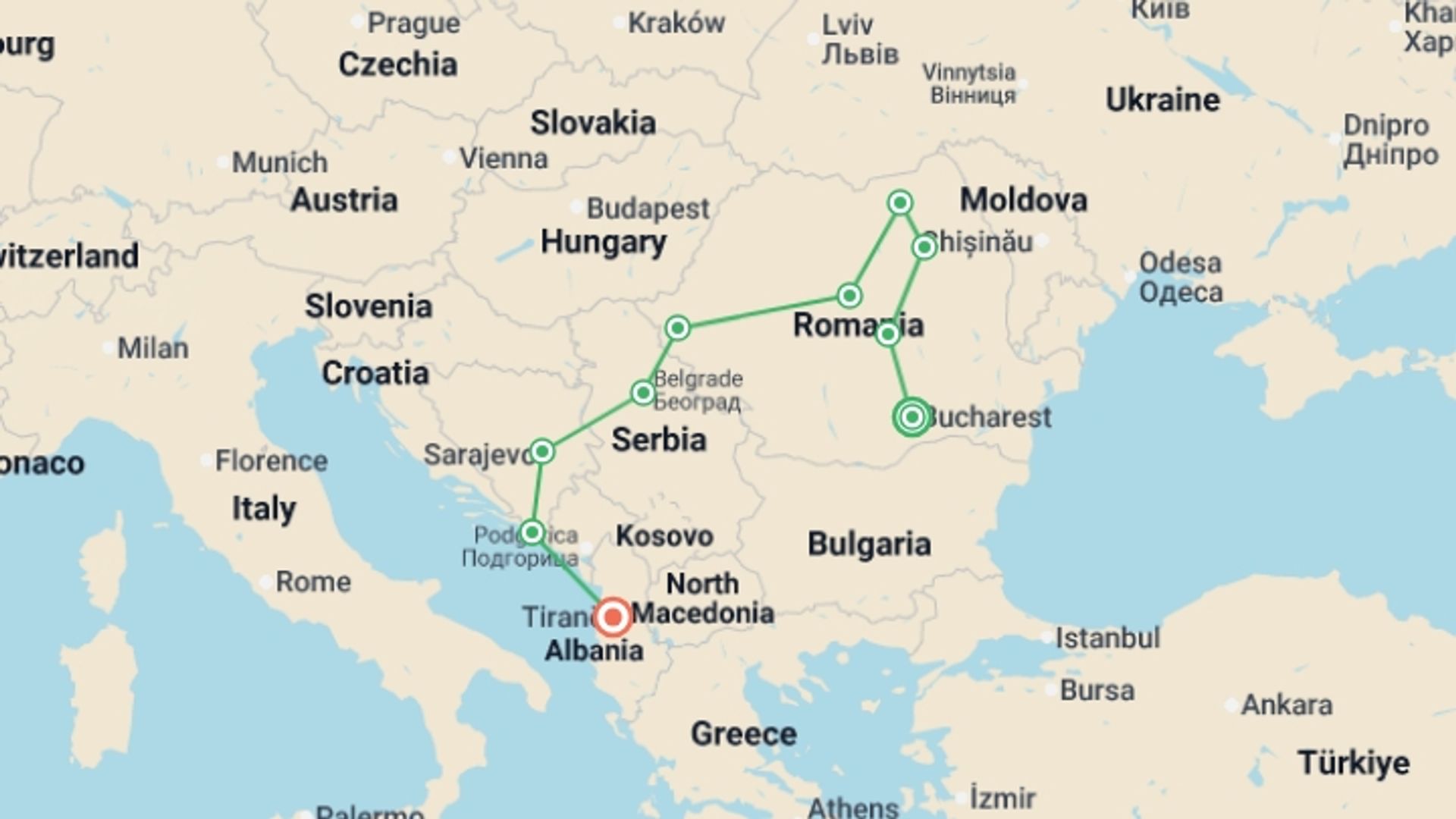 A map showing the tour itinerary for the trip: Balkan Tour – Ending in Tirana, starting in Bucharest, Romania and ending in Tirana, Albania going through 7 other destinations.