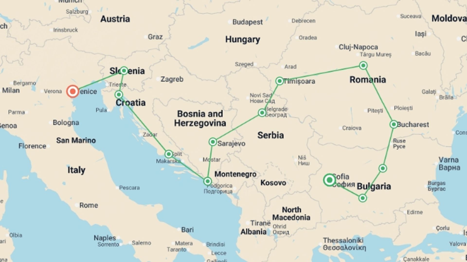 A map showing the tour itinerary for the trip: Balkanic Miracle, starting in Sofia, Bulgaria and ending in Venice, Italy going through 11 other destinations.