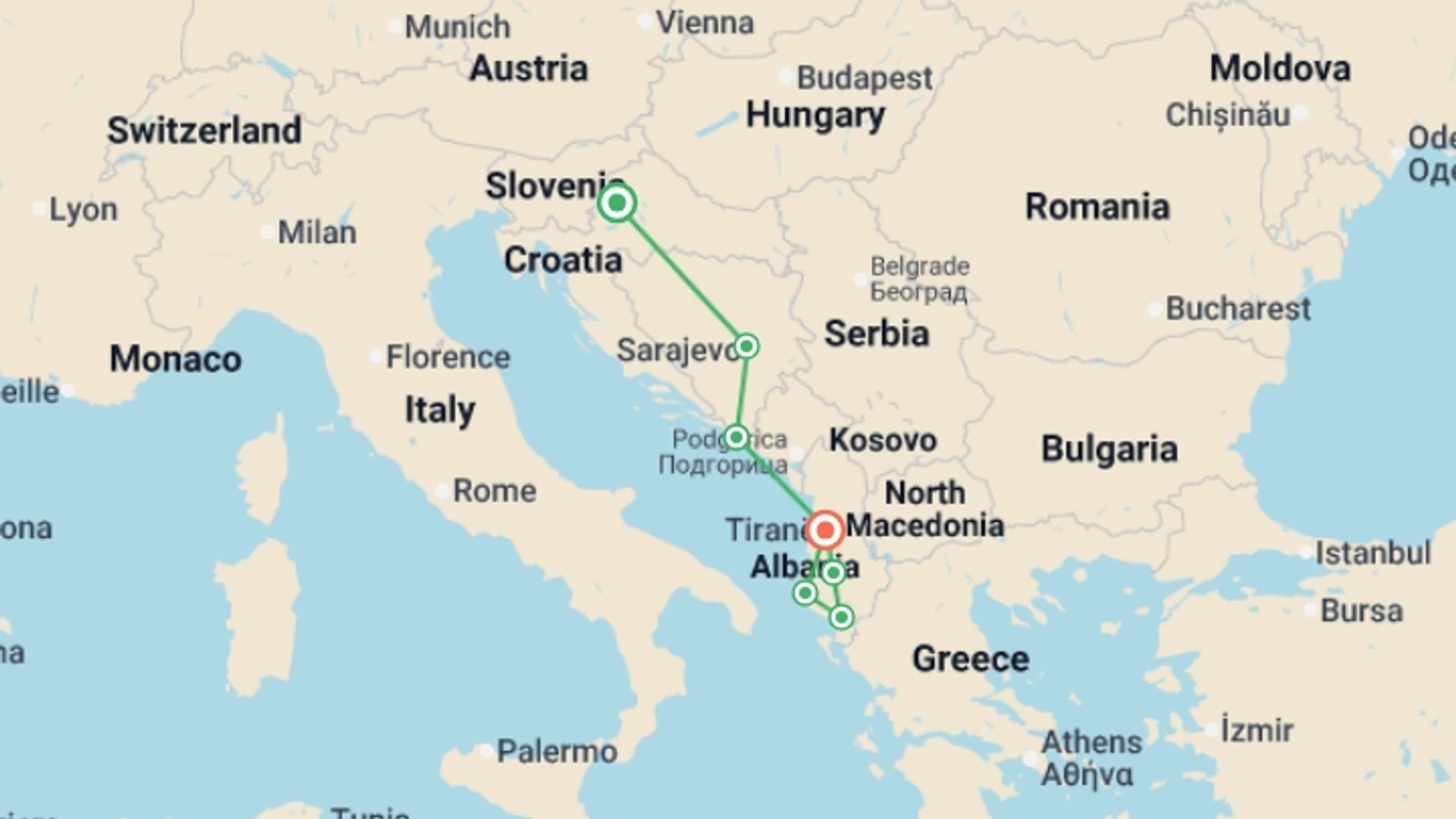 A map showing the tour itinerary for the trip: Balkans and the Heart of Albania, starting in Zagreb, Croatia and ending in Tirana, Albania going through 6 other destinations.