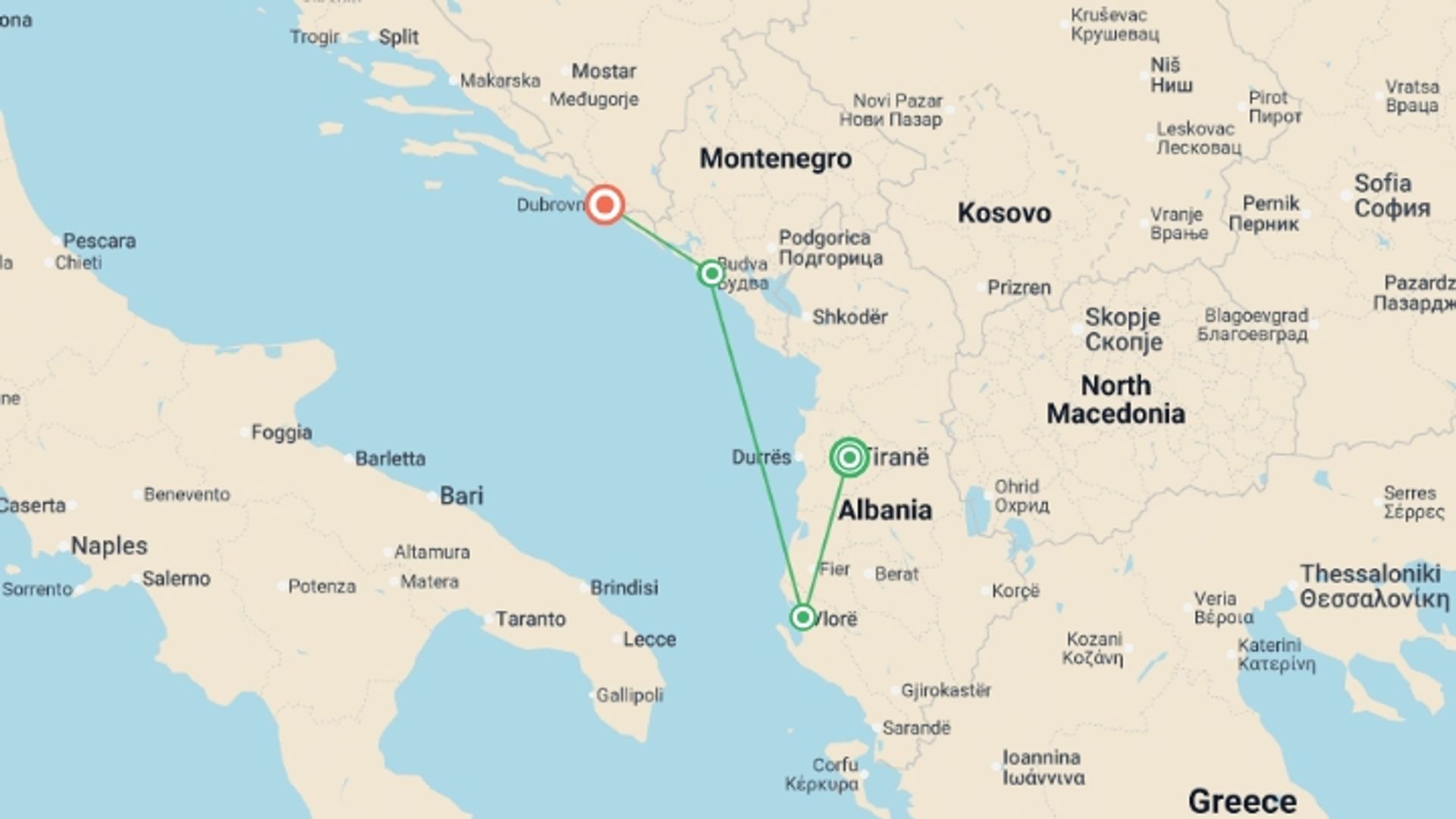 A map showing the tour itinerary for the trip: Balkans Coast Explorer , starting in Tirana, Albania and ending in Dubrovnik, Croatia going through 3 other destinations.