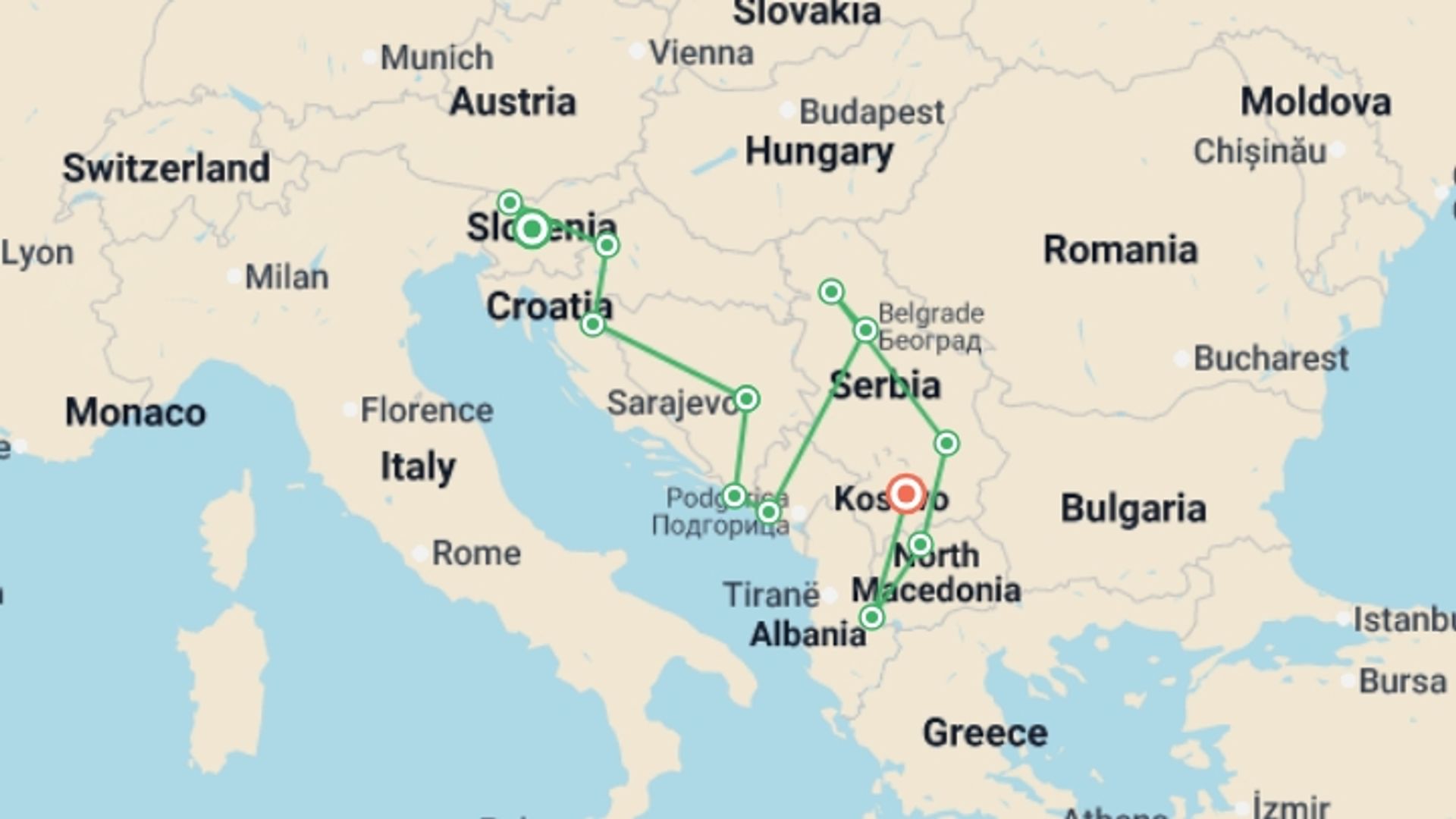 A map showing the tour itinerary for the trip: Balkans Rail Adventure, starting in Ljubljana, Slovenia and ending in Pristina, Kosovo going through 11 other destinations.