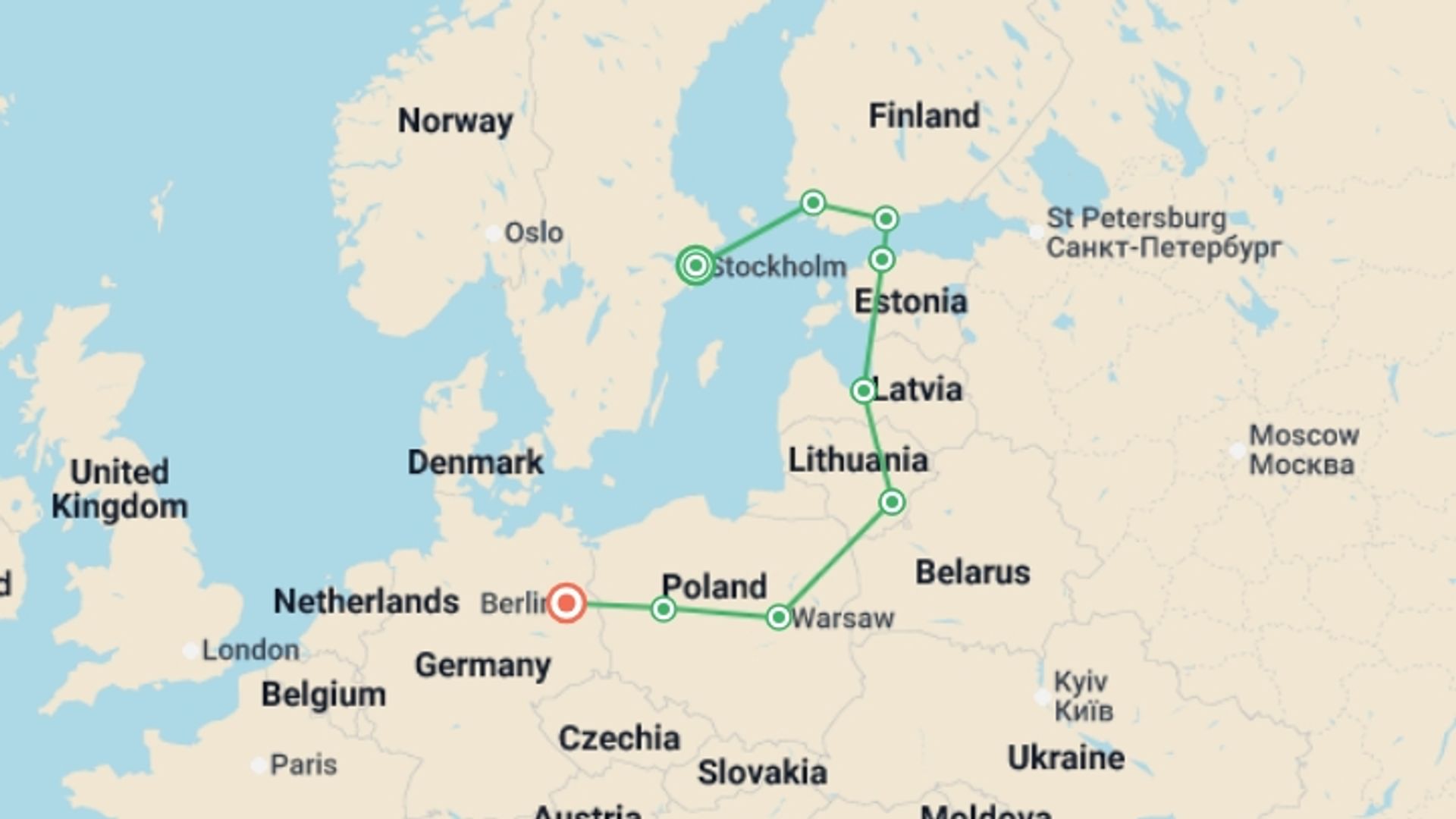 A map showing the tour itinerary for the trip: Baltic Capitals End Berlin, starting in Stockholm, Sweden and ending in Berlin, Germany going through 9 other destinations.