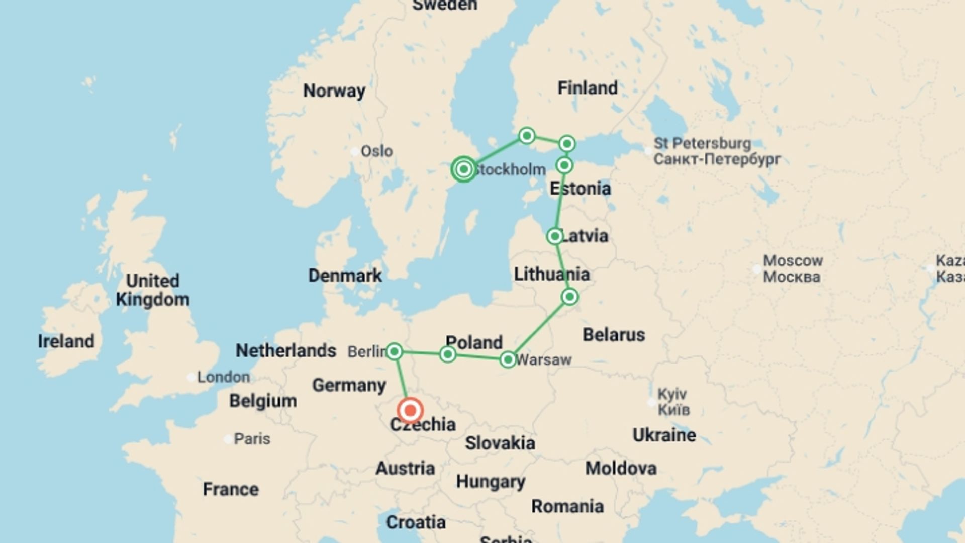A map showing the tour itinerary for the trip: Baltic Capitals End Prague, starting in Stockholm, Sweden and ending in Prague, Czech Republic going through 10 other destinations.