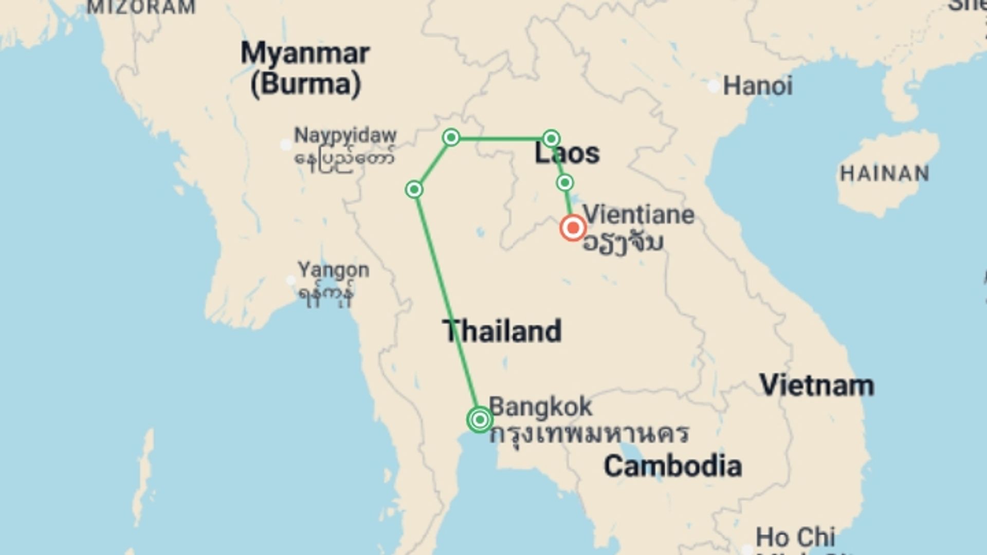 A map showing the tour itinerary for the trip: Bangkok, Northern Thailand and the Landscapes of Laos, starting in Bangkok, Thailand and ending in Vientiane, Laos going through 6 other destinations.