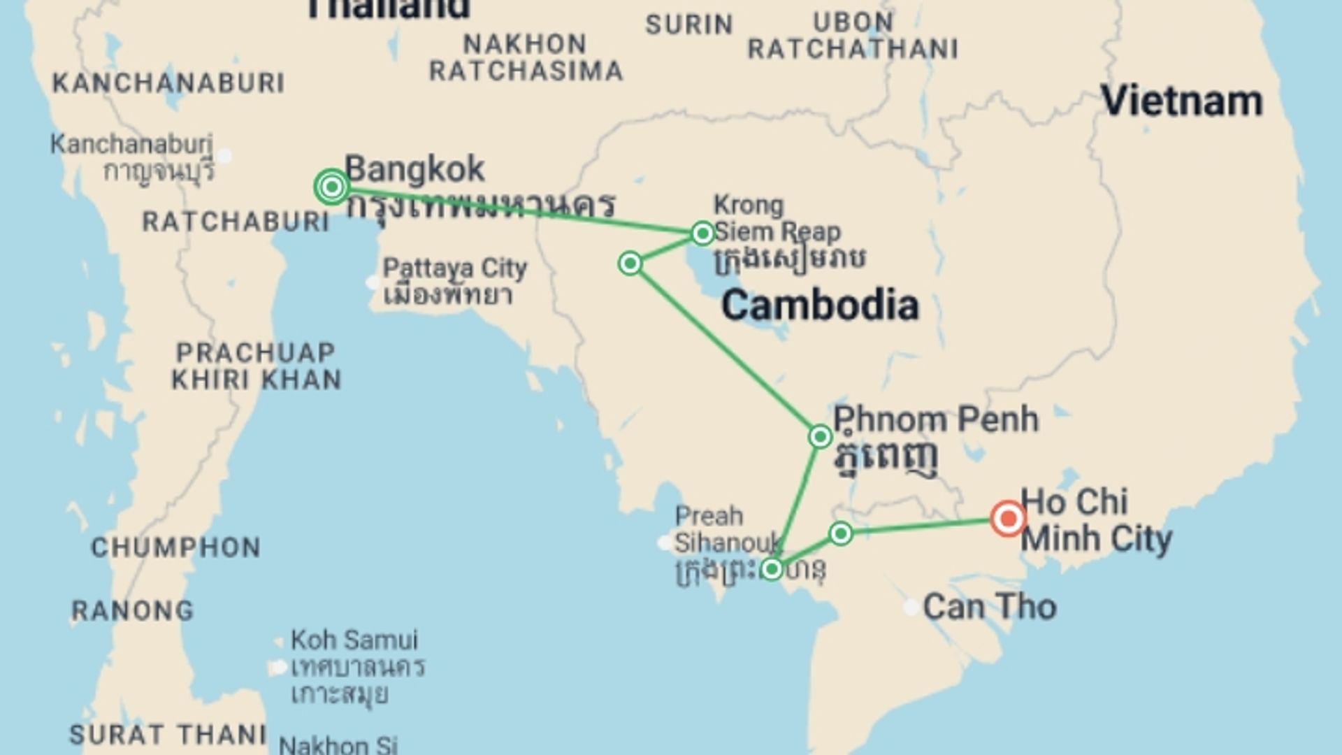 A map showing the tour itinerary for the trip: Bangkok to Saigon by Bike, starting in Bangkok, Thailand and ending in Ho Chi Minh City, Vietnam going through 5 other destinations.