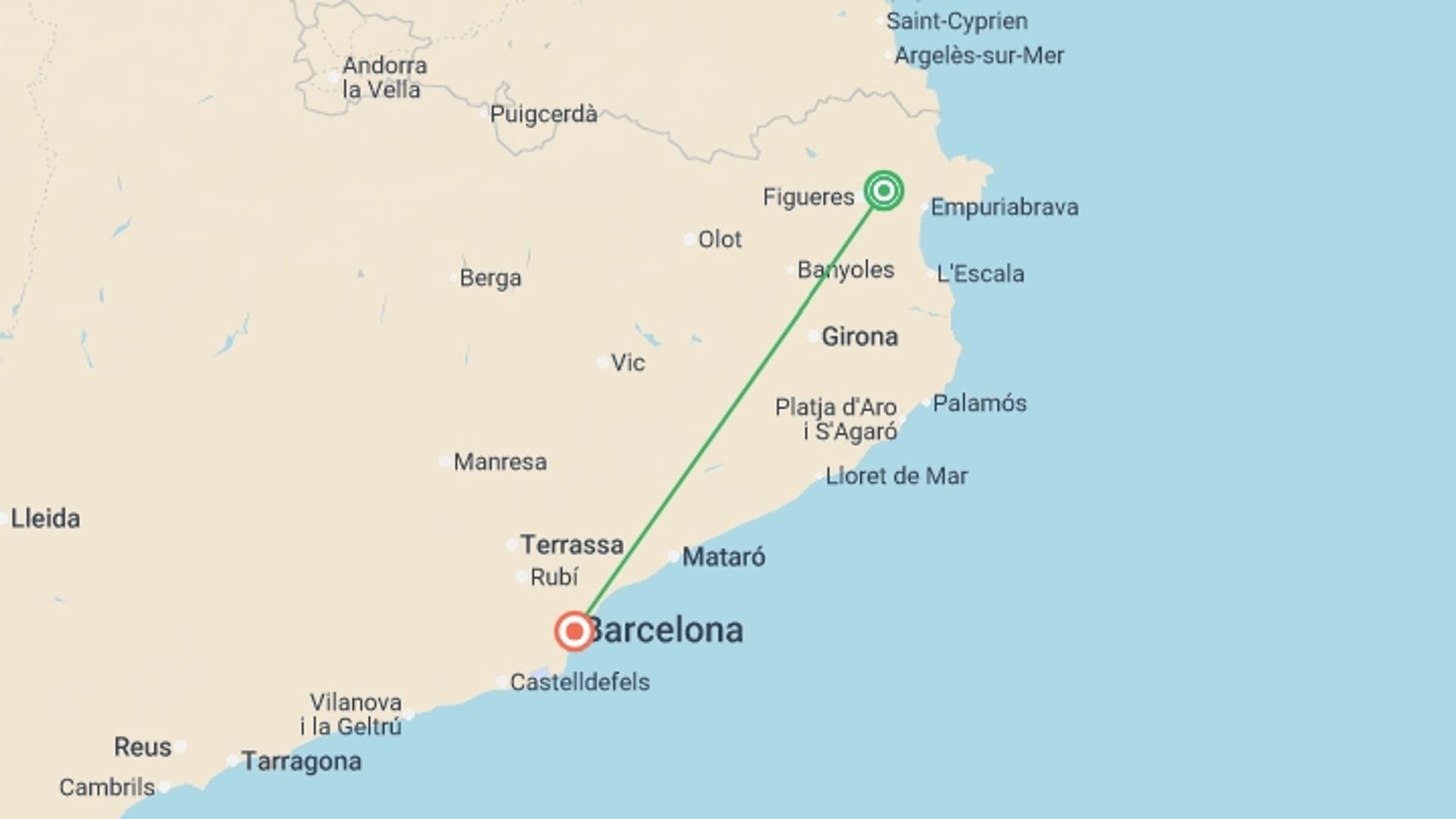 A map showing the tour itinerary for the trip: Barcelona In Depth & Catalonia - 8 days, starting in Barcelona, Spain and ending in Barcelona & Catalonia, Spain going through 3 other destinations.