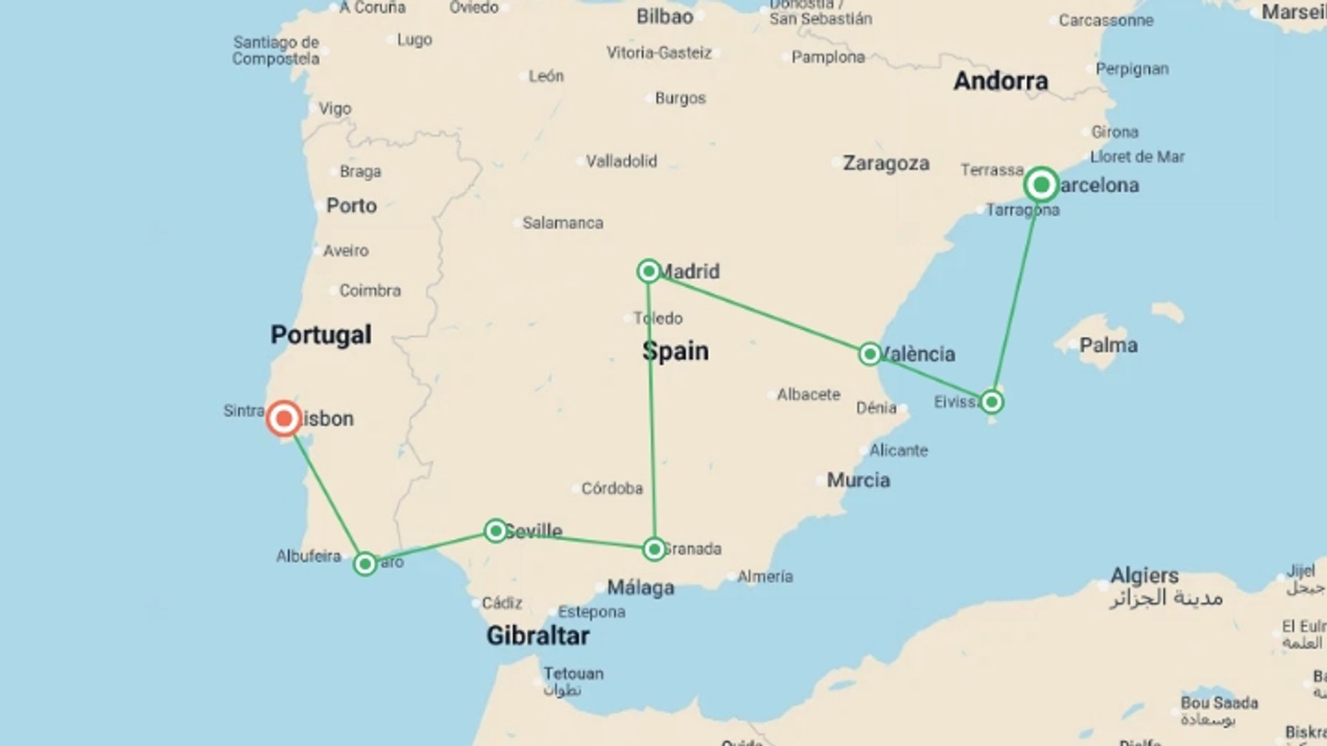 A map showing the tour itinerary for the trip: Barcelona to Lisbon, starting in Barcelona, Spain and ending in Lisbon, Portugal going through 8 other destinations.