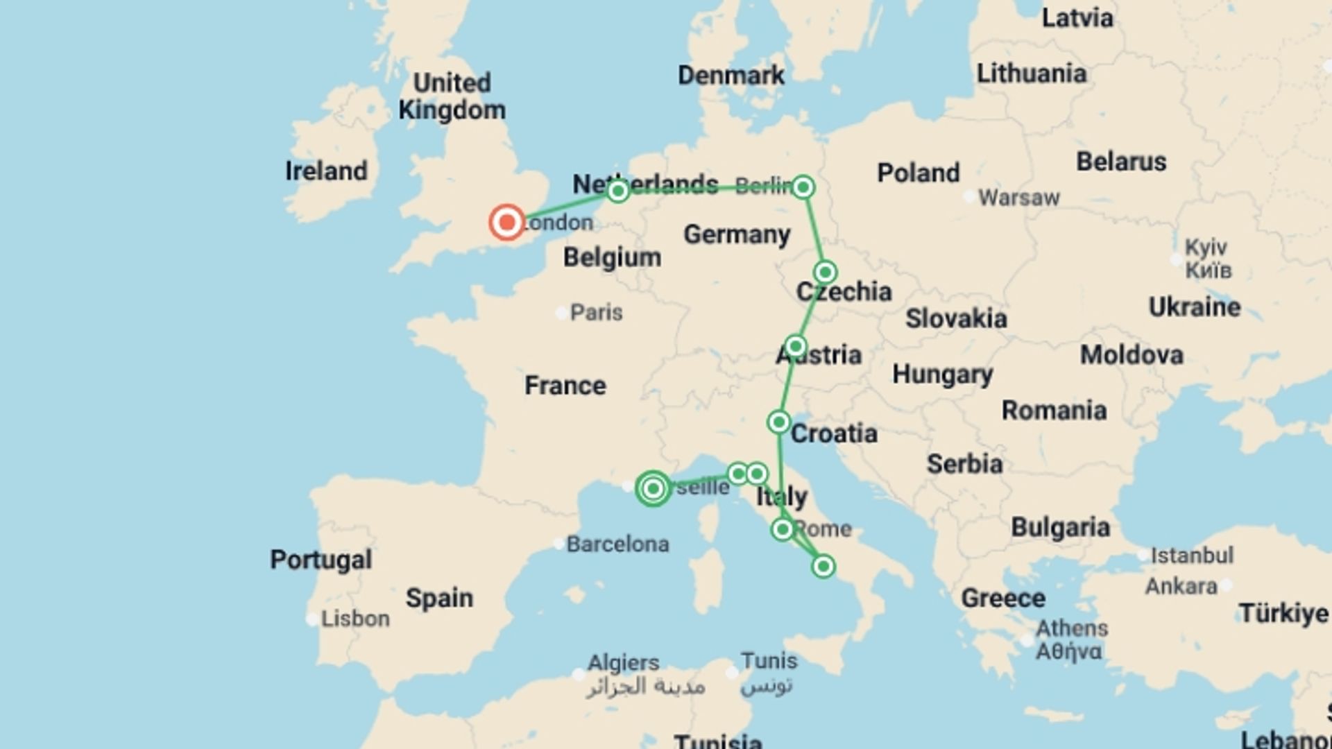 A map showing the tour itinerary for the trip: Barcelona to London Quest, starting in Barcelona, Spain and ending in London, England going through 12 other destinations.