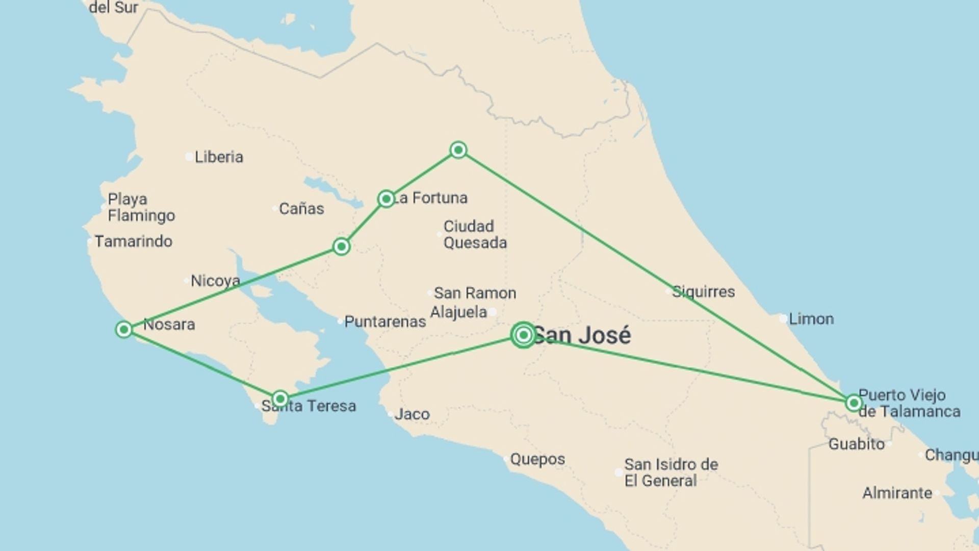 A map showing the tour itinerary for the trip: Basic Costa Rica: Coastlines & Cloud Forests, starting in San Jose, Costa Rica and ending in San Jose, Costa Rica going through 3 other destinations.