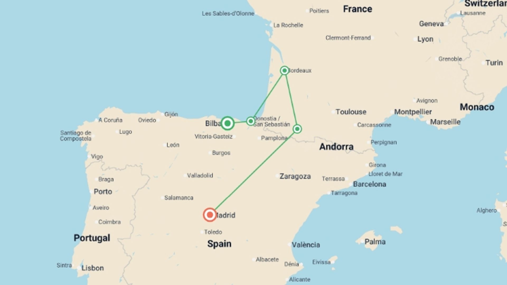 A map showing the tour itinerary for the trip: Basque Country with Lourdes from Madrid, starting in Madrid, Spain and ending in Madrid, Spain going through 5 other destinations.