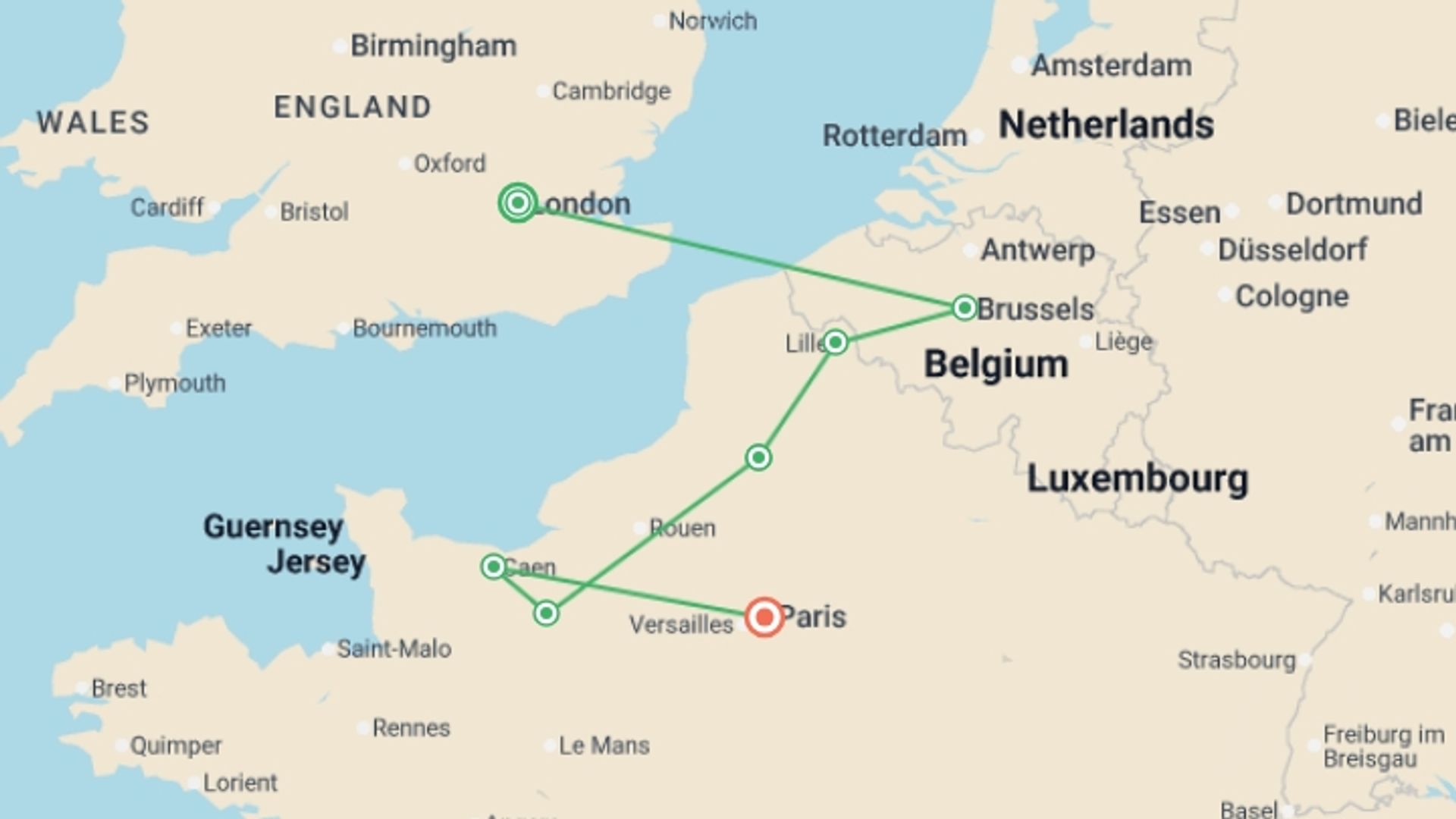 A map showing the tour itinerary for the trip: Battlefields of WWI & WWII, starting in London, England and ending in Paris, France going through 6 other destinations.
