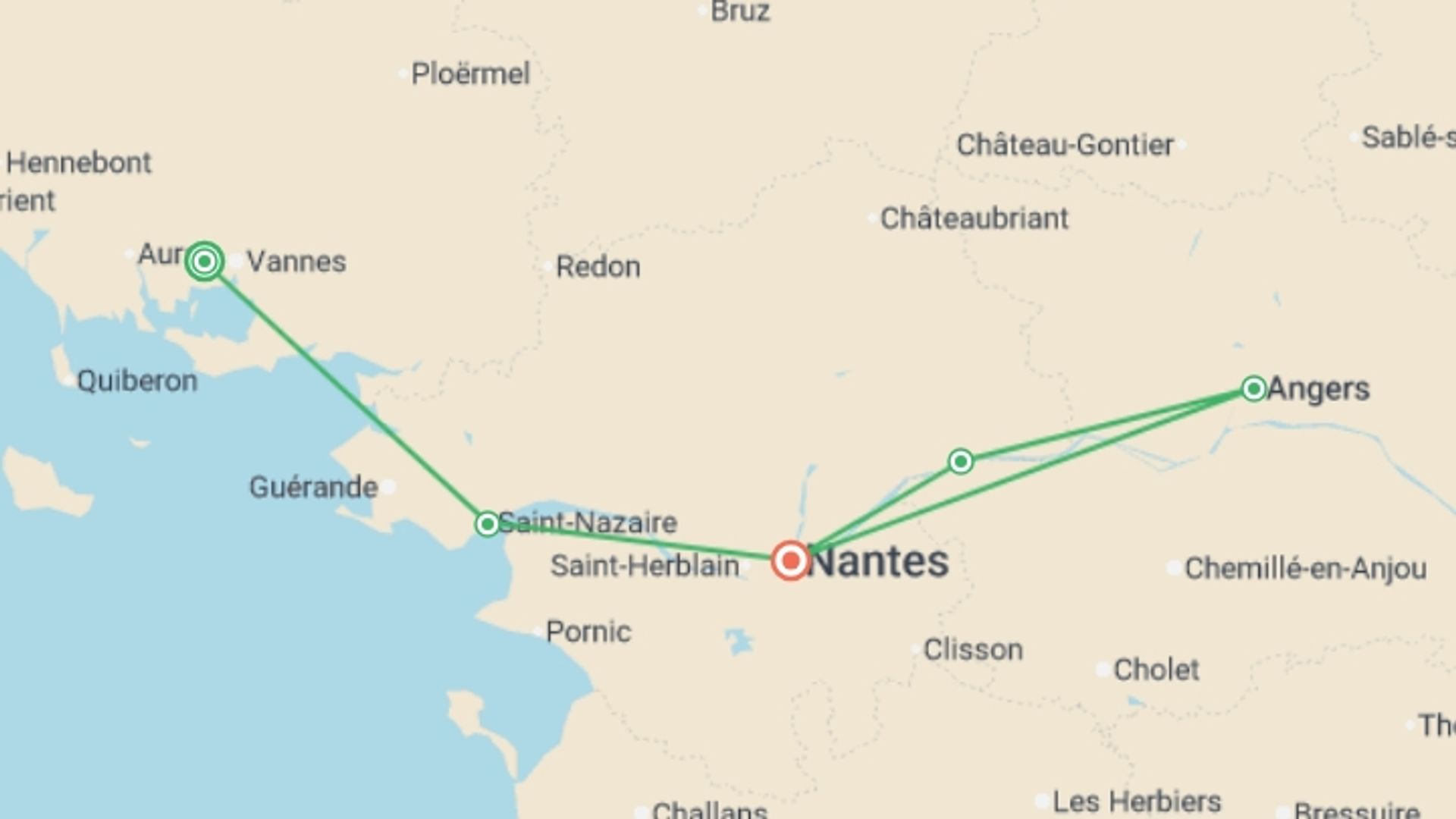 A map showing the tour itinerary for the trip: Beautiful Brittany and Royal Opulence in the Loire (port-to-port cruise), starting in Brittany, France and ending in Brittany, France going through 3 other destinations.