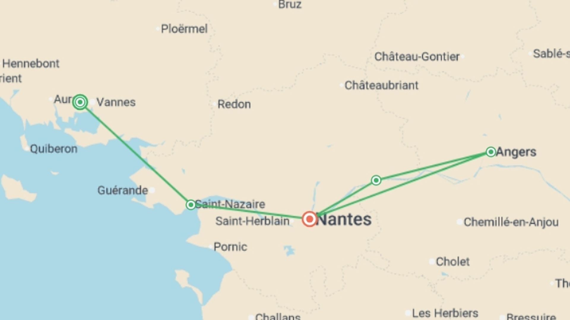 A map showing the tour itinerary for the trip: Beautiful Brittany and Royal Opulence in the Loire (port-to-port cruise), starting in Brittany, France and ending in Brittany, France going through 3 other destinations.